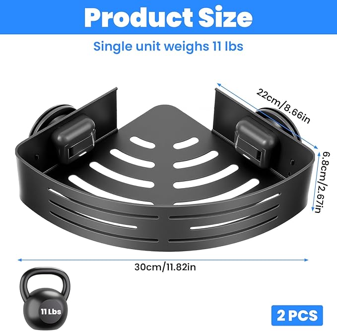2 Pack Corner Shower Caddy Suction Cup Rust-proof aluminum alloy With 4 hooks No drilling required Removable Waterproof Nathroom Storage Rack for Shampoo, Shower Gel, Razors