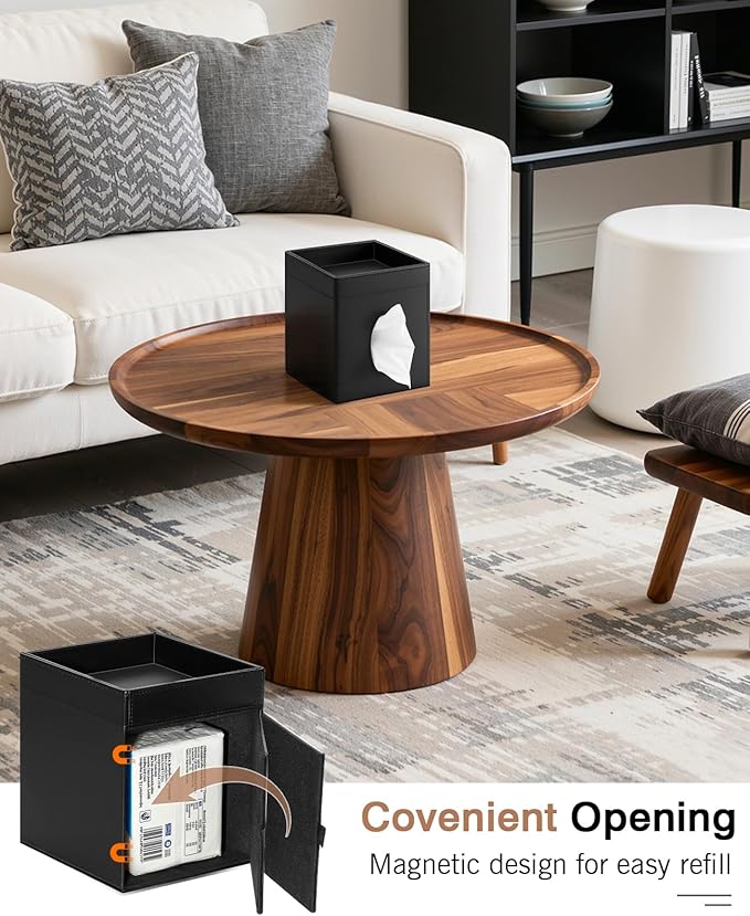 Luxspire Square Tissue Box Cover, PU Leather Square Tissue Box Cover with Storage Tray, Tissue Box Holder, Tissues Cube Boxes Cover for Living Room, Bedroom Countertop Cars Hotels, Black