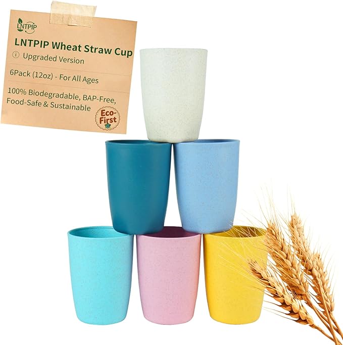 12oz Wheat Straw Cups, 6-Pack - Thickened Reusable & Microwave Safe, Dishwasher Friendly Eco-Cups for Home & Kitchen