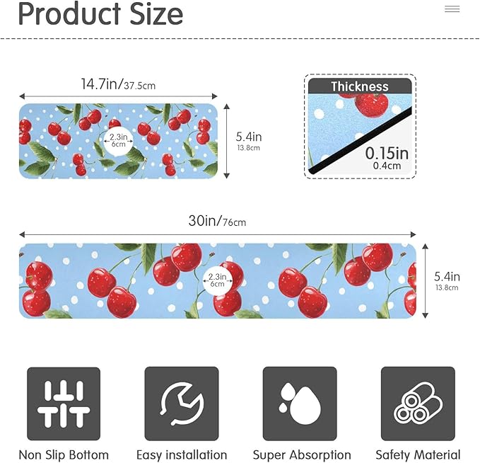 Kitchen Sink Splash Guard 2 PCS 14.7 Inch Sink Faucet Mat Splash Guard for Bathroom Countertop Water Absorbent Foldable Cuttable Soft Washable Light Blue Dots Red Cherry