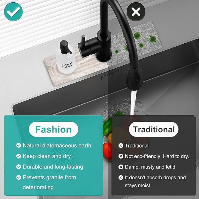 Small Diatomite Kitchen Sink Faucet Mat Water Absorbing Stone Tray Quick Drying Stone Mat for Kitchen Sink Protector Splash Guard Behind Faucet Water Absorbent Mats for Bathroom Counter Decor