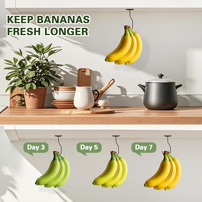 Banana Hanger Hook – Space Saving Banana Holder Hanger to Keep Bananas Fresh, Self Adhesive and Screw Banana Hook 2Pack Black