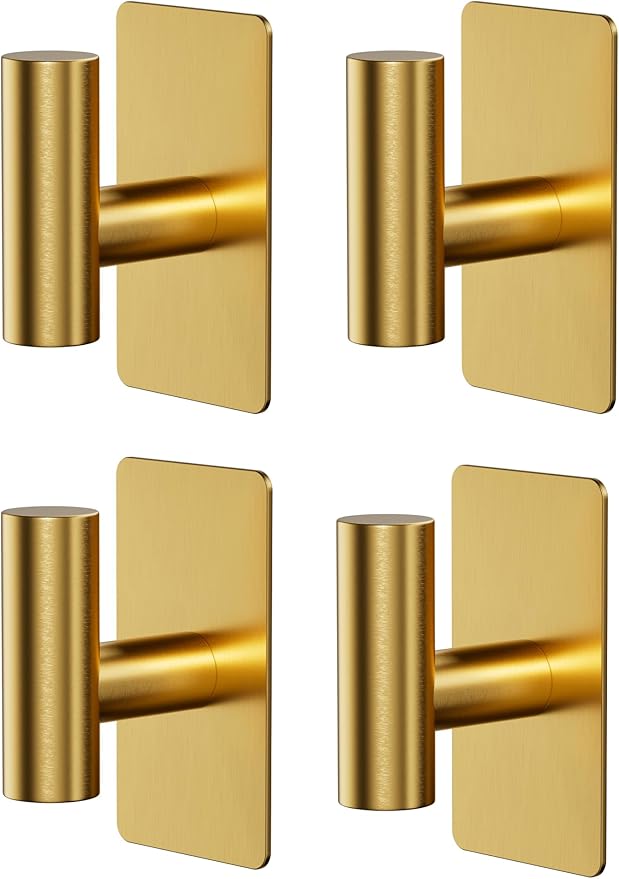 Towel Hooks for Bathrooms – 4 Pack, Brushed Gold Finish, T-Shaped Stainless Steel Adhesive Wall Hooks for Robes & Towels in Kitchen, Shower, or Closet