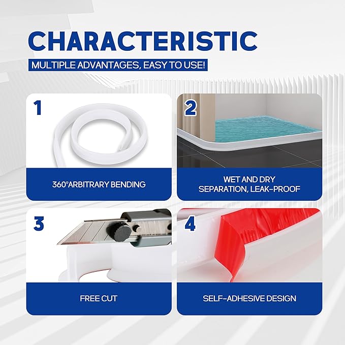 72 Inch /6 feet Collapsible Shower Threshold Water Dam Included Silicone sealant, Keeps Water Inside Threshold Dry and Wet Separation Suitable for Bathroom and Kitchen
