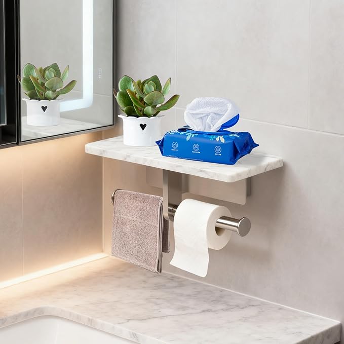 Toilet Paper Holder with Natural Marble Shelf for Bathroom Washroom,Wall Mounted Tissue Holder Suitable for Mega Roll (Brushed Nickel, Large 11.8 * 4.7)