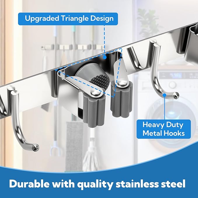 3 Pack Silver Mop and Broom Holder Wall Mount Self Adhesive 3 Racks with 4 Hooks Broom Organizer Wall Mount Stainless Steel Broom Hanger for Home Kitchen Garden Laundry Garage Organization Storage