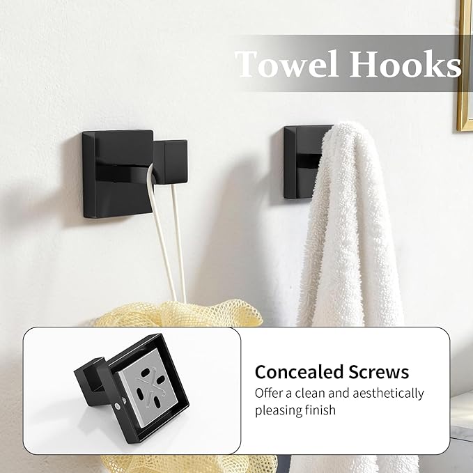 Matte Black Bathroom Accessories Hardware Set 5-Piece, Stainless Steel Towel Racks for Bathroom, 16 Inch Bath Towel Bar Set Wall Mounted