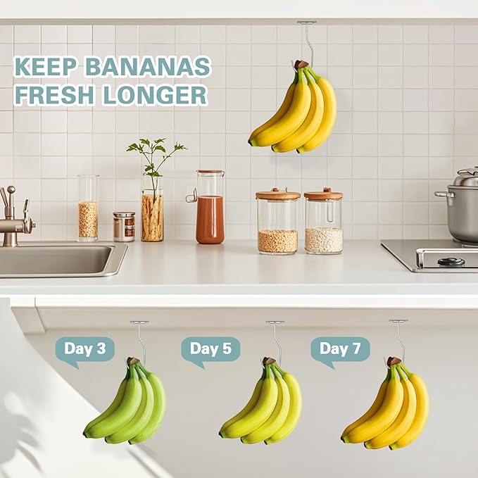 Banana Hanger Hook – Space Saving Banana Holder Hanger to Keep Bananas Fresh, Self Adhesive and Screw Banana Hook 1Pack Silver