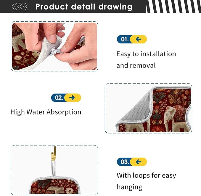 2 PCS Kitchen Sink Splash Guard 14.9 Inch Faucet Mat for Kitchen Sink Bathroom Sink Faucet Absorbing Drip Drain Mat Pad Microfiber Soft Washable Retro Red Elephant Flowers
