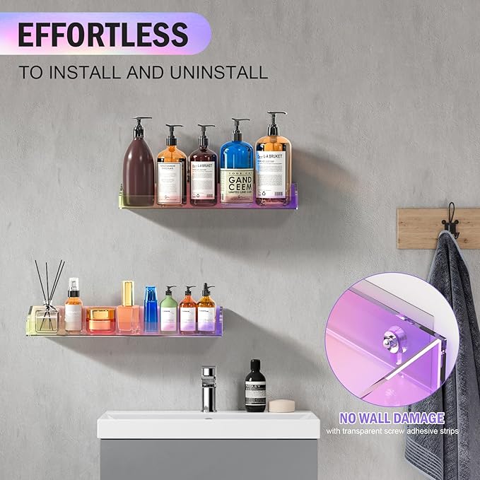 2 Pack Acrylic Shelves for Wall Storage, 15" Floating Shelves, Kids Bookshelf, Nail Polish Holder, Perfume Display Shelf Organizer for Bathroom, Bedroom, Living Room, Iridescent