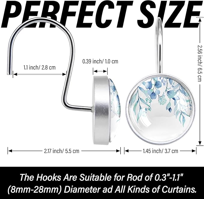 12 Pcs Spa Blue Eucalyptus Shower Curtain Hooks - Decorative Shower Curtain Hooks Rings Set - Farmhouse Stainless Steel Round Resin Shower Rings Hangers for Summer Bathroom Rods Decor