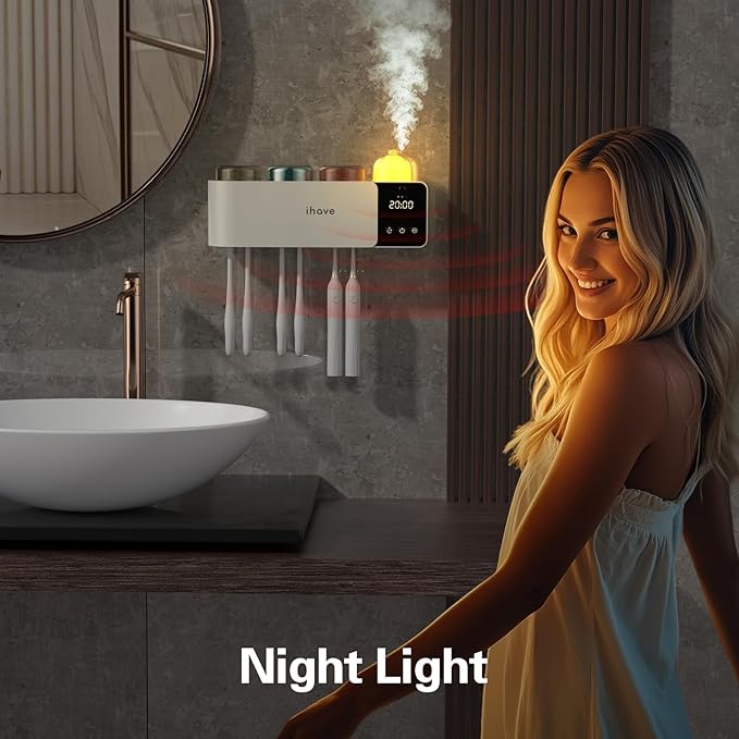 iHave Toothbrush Holders Wall Mounted with Toothbrush Sanitizer & Aromatherapy Diffuser | Auto-Cycle Disinfection, Heated Fan Drying, USB Rechargeable, IR Night Light, LED - 3 Cups Bathroom Organizer