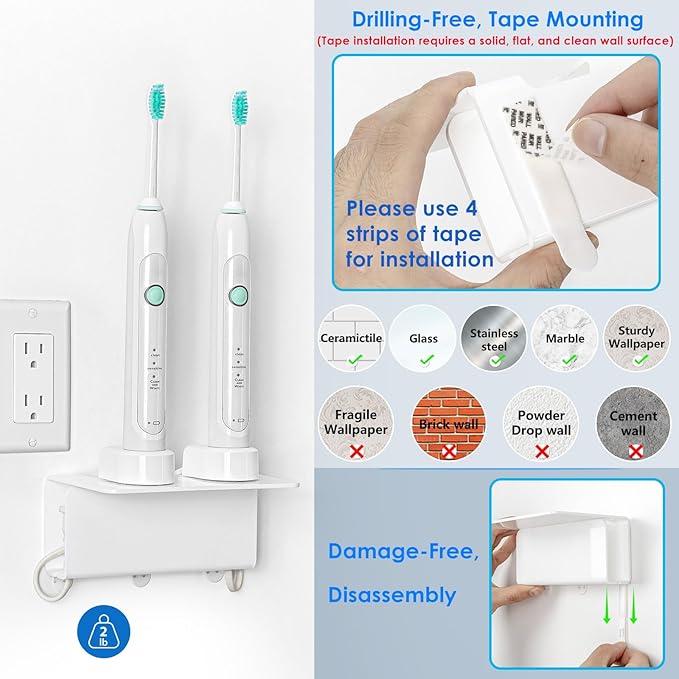 OAPRIRE Electric Toothbrush Holder for Bathroom, Acrylic Electric Toothbrush Holder Wall Mounted Come with Cable Organizer, Saving Space and Convenient Charging - White