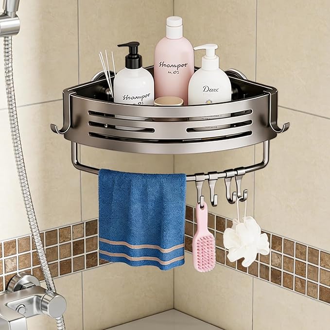 Corner Shower Shelf Caddy Suction Cup, No Drill Hole with Towel Bar and Hook, Gray Bathroom Storage Rack, Zero Drill Triangle Shelves, Store Toiletries and Bath Towel for Bathroom Kitchen RV