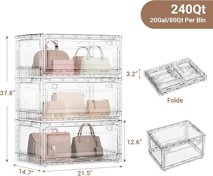 BROVIEW 240Qt Stackable Storage Bins with Lids Wheels, XL Clear Plastic Drawers Foldable Closet Organizers and Storage Cabinet Display Box Shelves with Front & Back Doors, for Home Office Garage,3Pack
