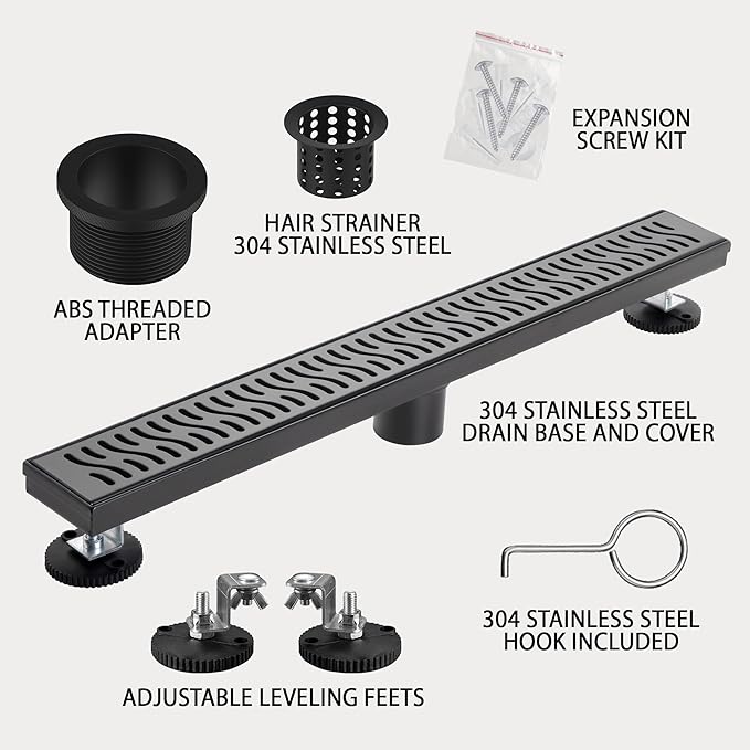 48 Inch Linear Shower Drain, Matte Black Shower Drain, Removable Grate, 304 Stainless Steel, Easy to Install and Clean for Bathrooms (Drain Base Not Included), LSD-51A-48B