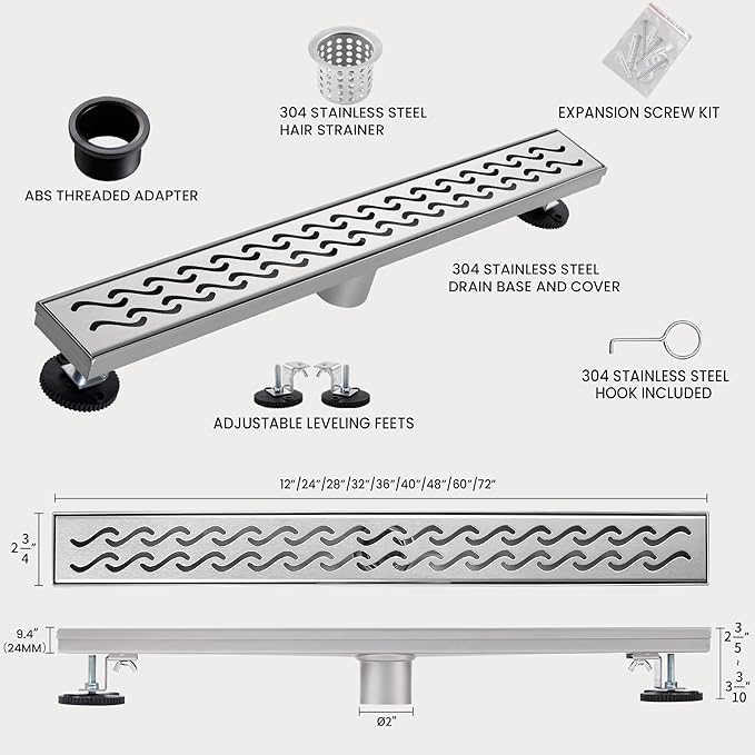 24 Inch Linear Shower Drain, Brushed Nickel Shower Drain,Removable Grate, 304 Stainless Steel, Easy to Install and Clean for Bathrooms (Drain Base Not Included), LSD-08A-24S