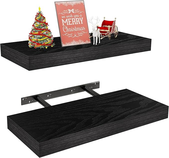 Vervida® Black Floating Shelves for Wall, Rustic Wood Wall Mounted Shelves with Invisible Brackets for Decor & Storage, Floating Shelf for Living Room, Bathroom (Set of 2)
