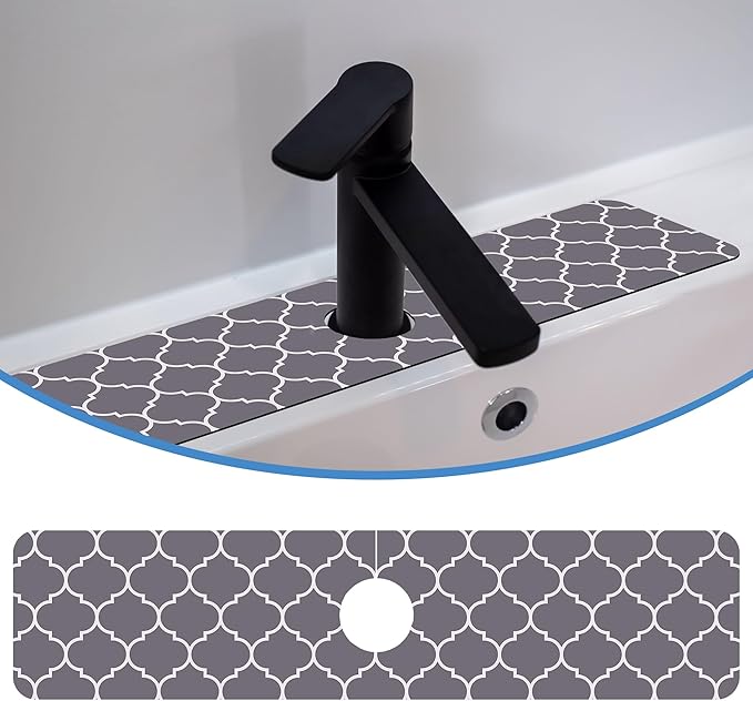 Faucet Mat for Kitchen Sink Stylish Grey Moroccan Art, Soft Diatom Mud Material, Strong Water Absorption, Non-slip, Easy to Clean for Bathroom, Kitchen 23.5"X5.5"