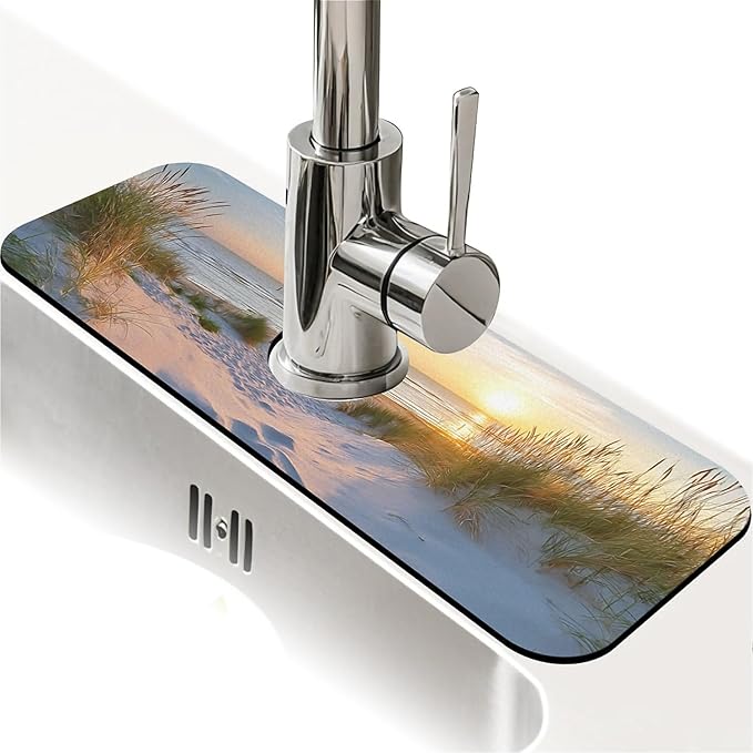 Kitchen Sink Splash Guard，sunset over the sea Faucet Mat Sink Gadgets-Super Absorbent Fast Drying Mat Drip Catcher for Kitchen, Bathroom,Sink Mat, Dish Drying Mat, Bathroom(15" X 5.5" )