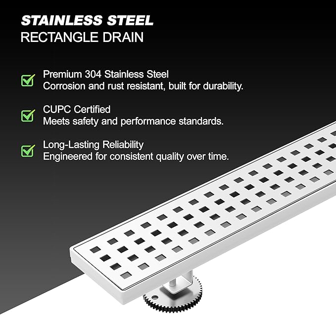 304 Stainless Steel Shower Drain, Removable Grate & Hair Catcher Bathroom Floor Drain with Waterproof Design for Tile Floor, CUPC Compliant (Punch, 36 Inch)