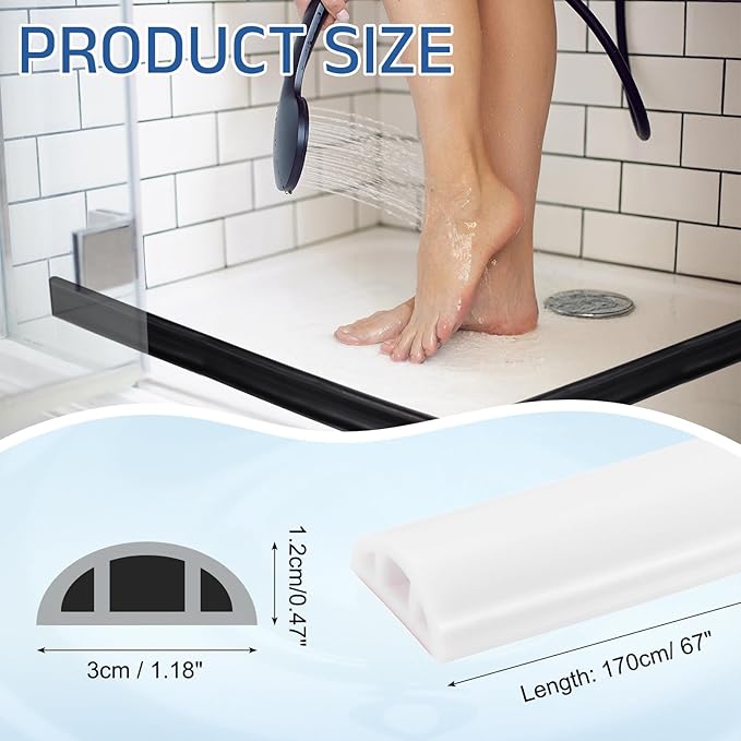 uxcell Shower Water Barrier, 67" Silicone Splash Guard Shower Water Stopper Retention System for Bathtub Sink Washing Machine Dry and Wet Separation, 1.18"W x 0.47"H, White