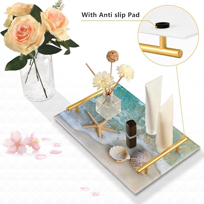 Beach Shell Vanity Tray Acrylic Bathroom Countertop Tray Ocean Decorative for Kitchen Desk Organizer Makeup Storage Tray