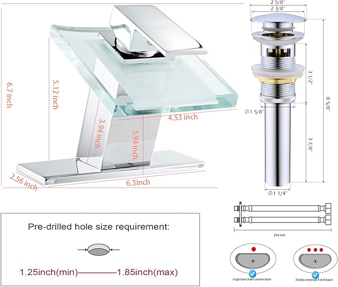 Bathroom Waterfall Faucet Chrome LED Glass Spout with Overflow Drain Stopper Single Handle One Hole Modern Design Bath Basin Tap 3 Color Changing Battery Powered Lavatory Vanity Sink Deck Mount