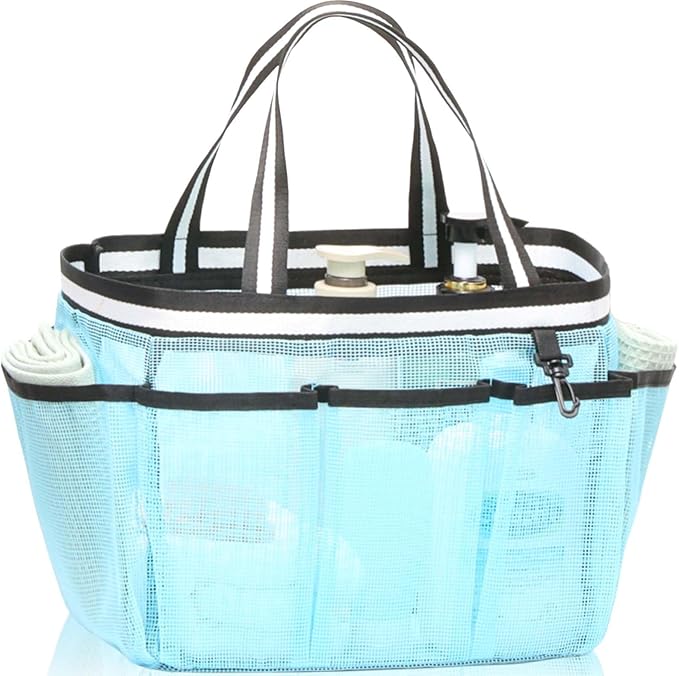 Ocim Large Portable Mesh Shower Caddy Bag Tote for Big Size Shampoo Bottles, Collapsible Quick Dry for College Dorm, Camping, Beach Pool Bathroom, Lake Blue
