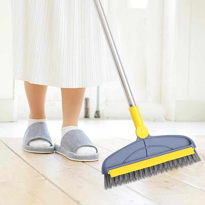 Long Handle Floor Cleaning Brush with Stiff Bristles, 126cm Bathroom Tile Corner Scrub Brush for Grout and Floor Gaps, Indoor Shower and Toilet Seam Scrubber in Blue Yellow