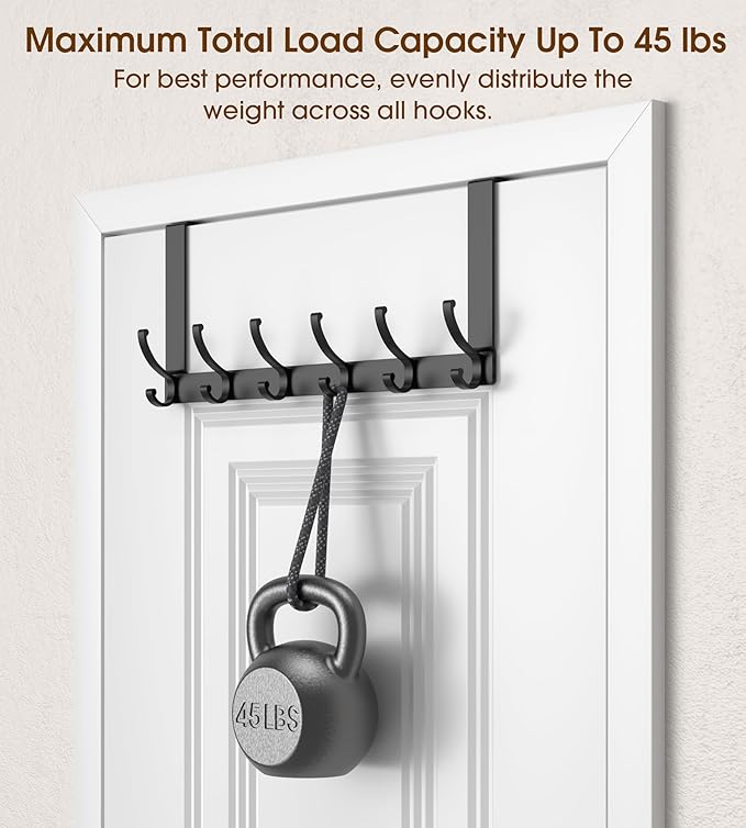 KitchLife Over The Door Hooks Hanger with 7 inches Extended Arms, Fits 1 3/4" Doors, F18U, Bathroom Towel Rack Organization, Thickened 6-Double Hook, Matte Black