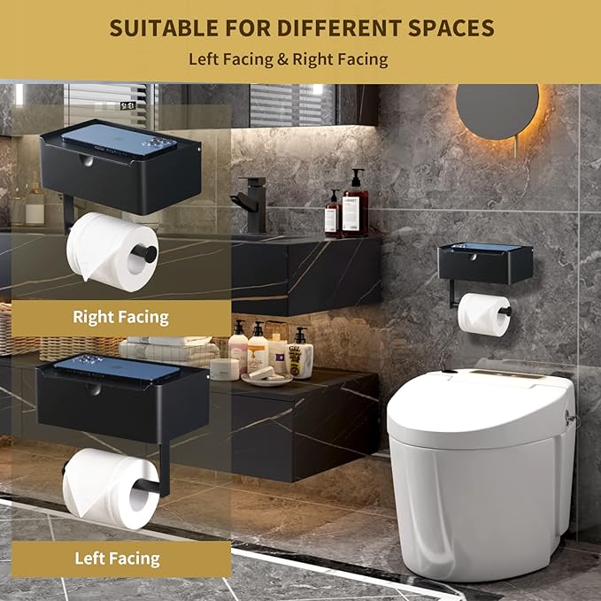 Toilet Paper Holder with Shelf, Wipe Holder for Bathroom, Large, Stainless Steel, Wall Mounted, Matt Black, Upgraded Toilet Paper Holder