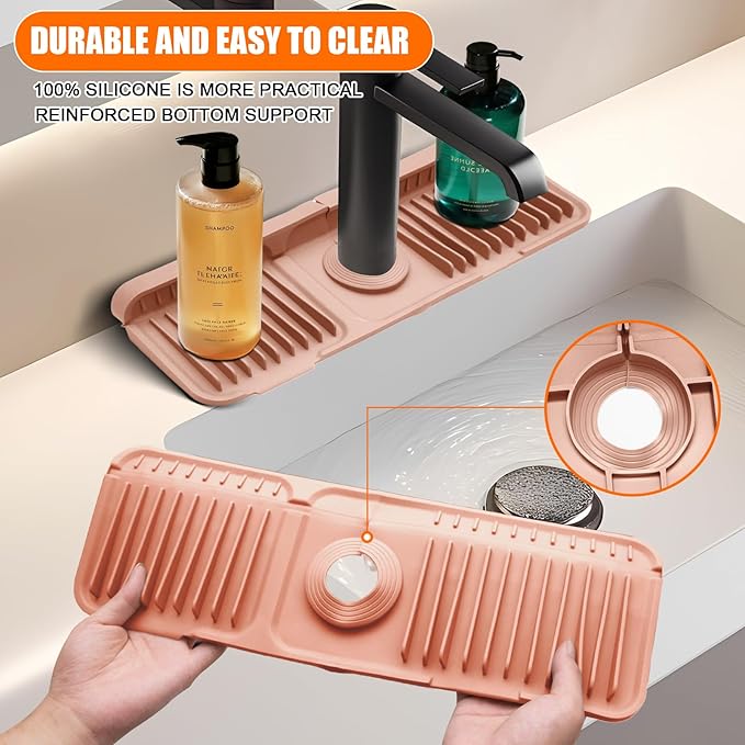 14.5" Pink Silicone Faucet Mat for Kitchen Sink – Button Style Faucet Drip Catcher, Sink Splash Guard with 6° Slope, Behind Faucet Draining Mat | Leak-Proof Countertop Protector for Kitchen Bathroom