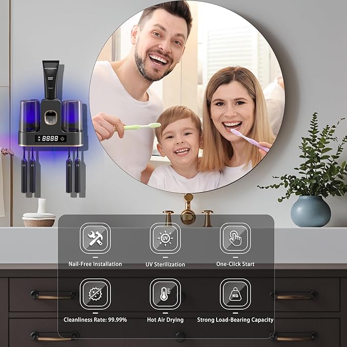 Electric Toothbrush Holders for Bathrooms, Dustproof Smart Toothbrush Holder Wall Mounted - 4 Brush/2 Cup, Auto Toothpaste Dispenser, Hot Air Drying & LCD Display,Toothbrush Cleaner (Gray)