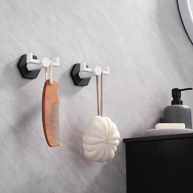 GERZWY White & Black Bathroom Double Towel Hook Stainless Steel Coat/Robe Clothes Hook for Bath Kitchen Modern Hotel Style Wall Mounted 2 Pack