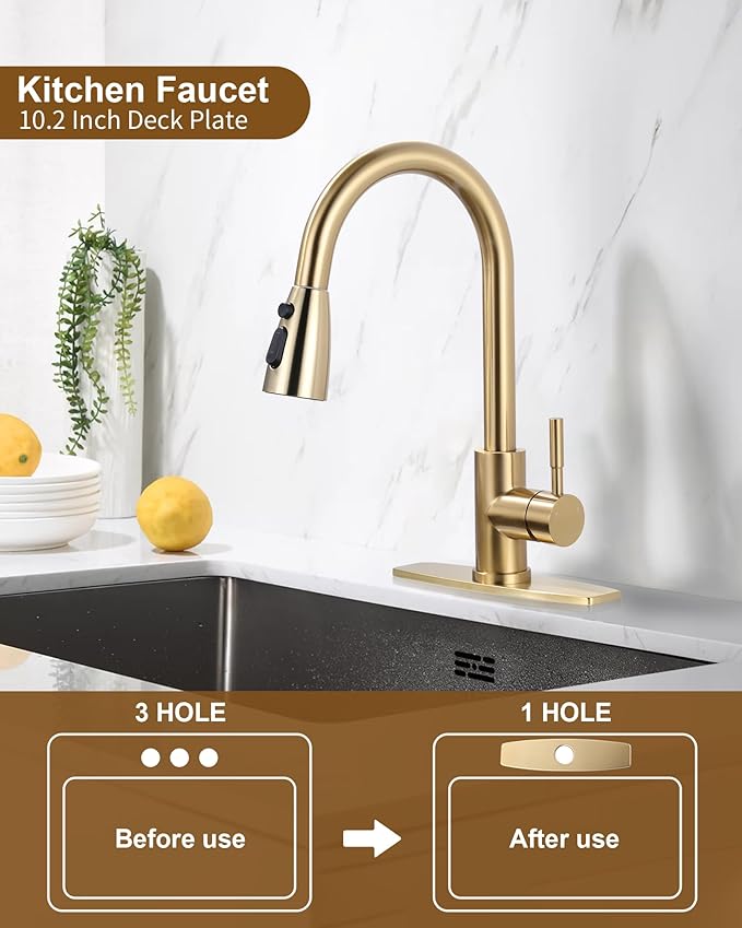 ARCORA 10.2 Inch Faucet Plate, Kitchen or Bathroom Faucet Deck Plate for 1 or 3 Hole, Stainless Steel Sink Hole Cover Escutcheon, Brushed Gold