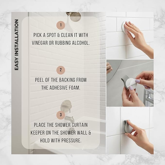 4 Pack Self Adhesive Shower Curtain Clips – Wall Mounted Clips Keep Curtain Closed and Contain Water Inside Shower – Easy Install Bathroom Splash Guards – Shower Accessories (Light Grey)