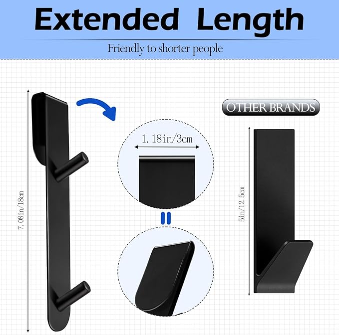 Over The Shower Door Hooks,2 Pack Removeable Double Bathroom Shower Hanger for Frameless Glass Door Hanging Bathrobe Towel,Extended Black Stainless Steel Heavy Duty Drill Free Holder 7.1 Inch 12mm