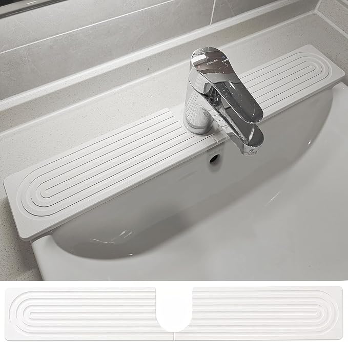 24 Inch Stone Faucet Mat for Kitchen Sink, Diatomite Fast Drying Mat for Kitchen Counter, Water Absorbent Faucet Sink Splash Guard with Raised Feet, Bathroom Counter Protector (White, 23.62"x3.93")