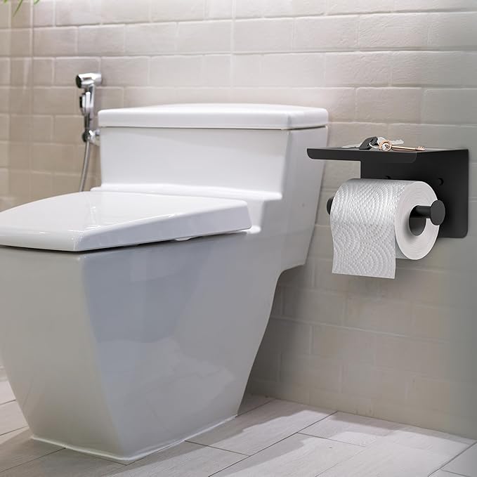 Matte Black Toilet Paper Holder with Shelf, SUS304 Stainless Steel Wall Mounted, Dual Installation Adhesive or Screw, Rustproof Modern Bathroom Tissue Roll Holder