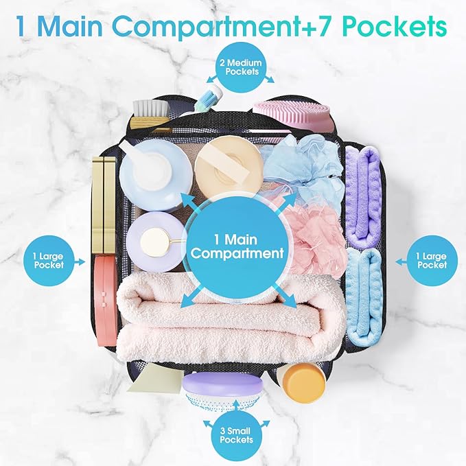 Large Mesh Shower Caddy Portable with Drawstring, 1 Main Compartment+ 7 Pockets, College Dorm Room Essentials for Girls, Shower Organizer Hanging Bag for Beach, Swim, Gym, Travel(Black)