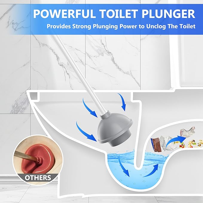 Toilet Plunger with Holder, Plunger with Unique Holder for 5.7-inch Toilet Drain, Plungers for Bathroom with Holder, Toilet Plunger Heavy Duty (1, White)