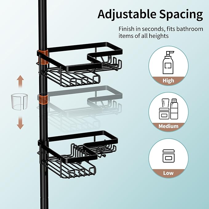 KEGII Shower Caddy Corner Tension Pole with Toothbrush Holder - Adjustable Corner Shower Organizer with Tooth Brush Holder, No Drilling Rustproof Bathroom Shelf Storage Rack, Fits 25-114.2 Inch