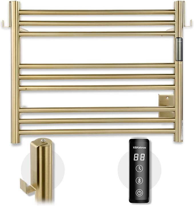 K&KALONZO Towel Warmer for Bathroom, Wall-Mounted 9-Bar Heated Towel Rack with Built-in Timer, Waterproof Electric Towel Heater, Support Plug-in and Hardwired, Brushed Gold, EL13S