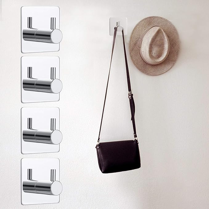 4 Pack Silver Adhesive Wall Hooks, Adhesive Chrome Hooks Bathroom Towel Hooks Chrome SUS 304 Stainless Steel Wall Hooks, Heavy Duty Waterproof Hooks, Robe Hooks for Bathroom Kitchen Bedroom