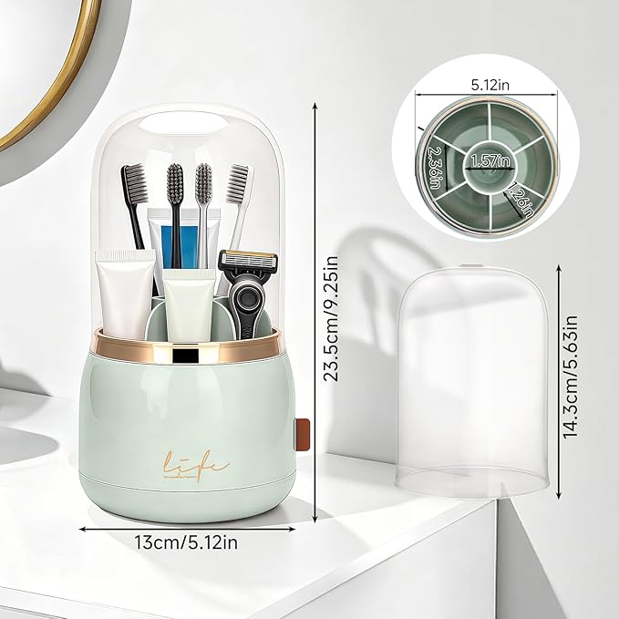 360 Rotating Toothbrush Holder with Cover, 7-Slot Bathroom Organizer with Drainage for Electric Toothbrushes & Toothpaste, Countertop Vanity Storage for Makeup Brushes
