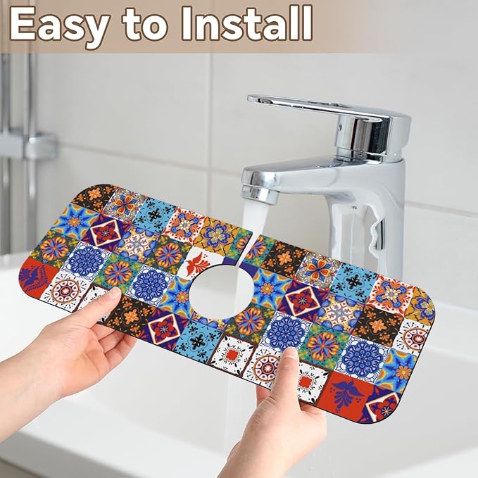 Kitchen Sink Splash Guard Faucet Mat Talavera Mexican Boho 2PCS Absorbent Fast Drying Faucet Guard & Draining Mat Sink Splash Guard Behind Faucet Drip Catcher for Kitchen Bathroom RV (15.4" X 5.7" )