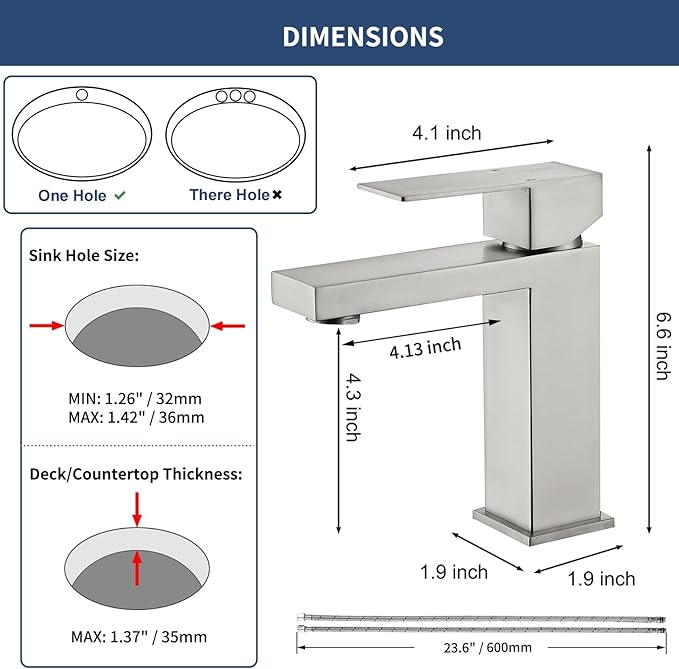 Brushed Nickel Bathroom Sink Faucets One Hole Sink Faucet Single Handle 1 Hole Vanity SUS304 Stainless Steel Faucet for Bathroom Sink Bathroom Faucets, SF3-BN