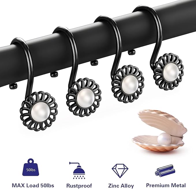 Black Sunflower Shower Curtain Rings and Hooks, Set of 12 Metal Rings and Hooks, Floral Pearl Finish, Matte Black