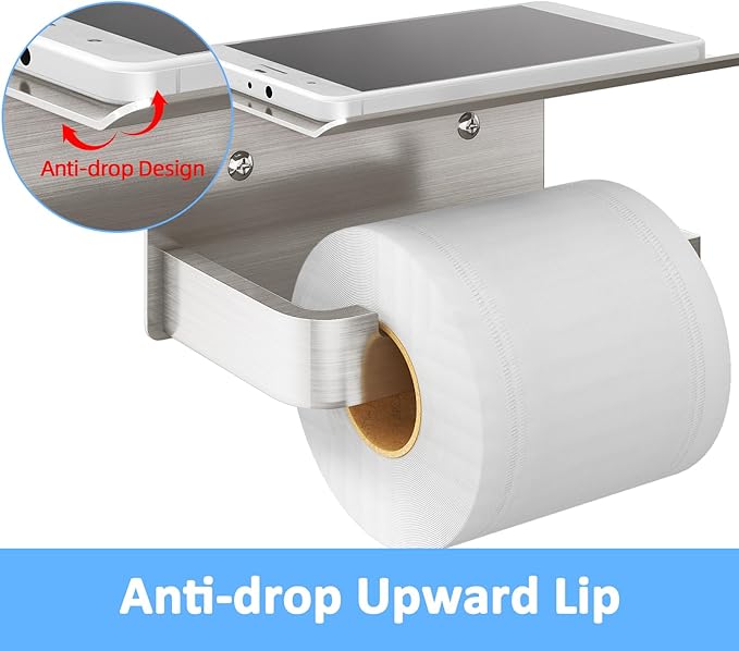 Toilet Paper Holder with Phone Shelf, Brushed Nickel Toilet Paper Holder Wall Mount, Rustproof Stainless Steel Bathroom Storage